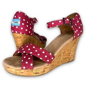 Toms‎ Women's Pinkish Red Polka Dot Linen Woven Cork Wedge Sandals Size 9.5